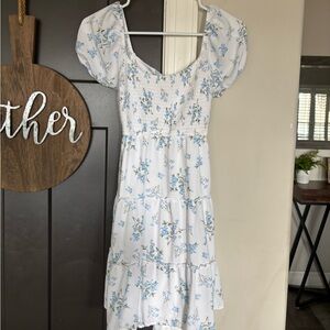 Hollister Floral Midi Dress in White and Blue